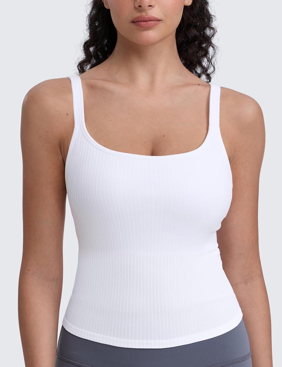 imageCRZ YOGA Seamless Womens U Neck Longline Sports Bra Thin Strap Padded Workout Crop Tank Ribbed Open Back Yoga Camisole TopWhite