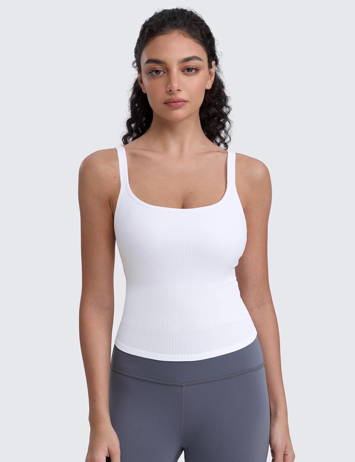imageCRZ YOGA Seamless Womens U Neck Longline Sports Bra Thin Strap Padded Workout Crop Tank Ribbed Open Back Yoga Camisole TopWhite