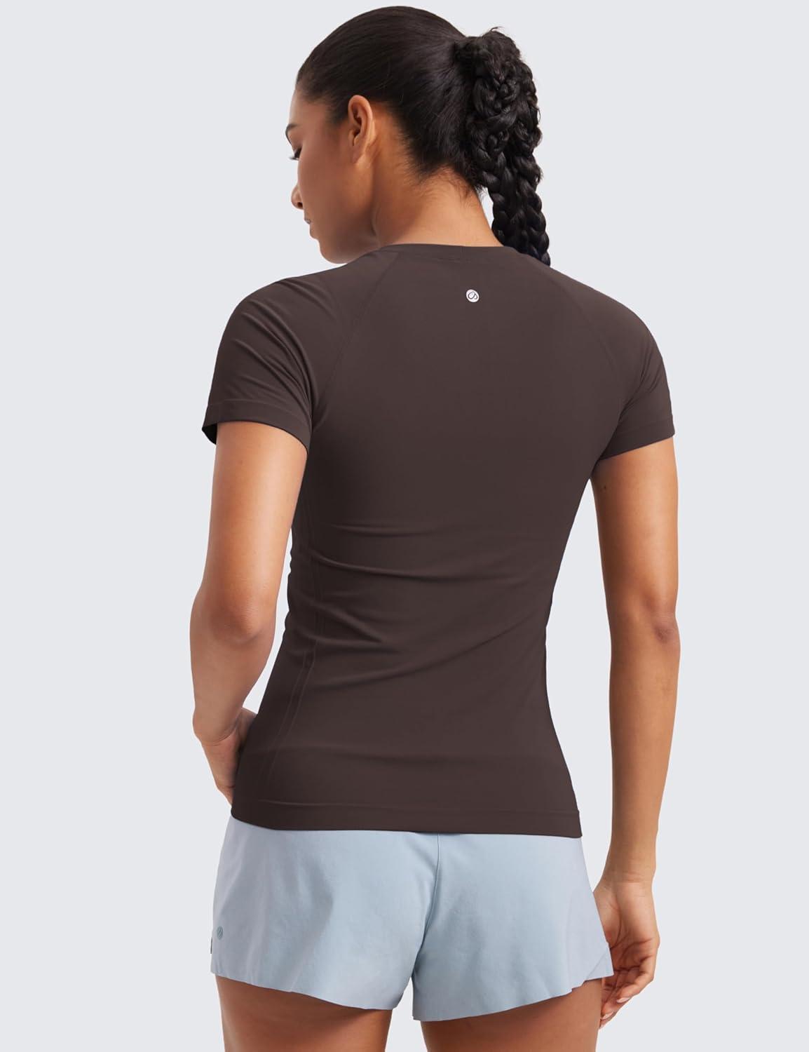 imageCRZ YOGA Seamless Workout Tops for Women Hip Length Athletic Running Gym Yoga Short Sleeve Shirts Breathable Crewneck TeesHot Fudge Brown