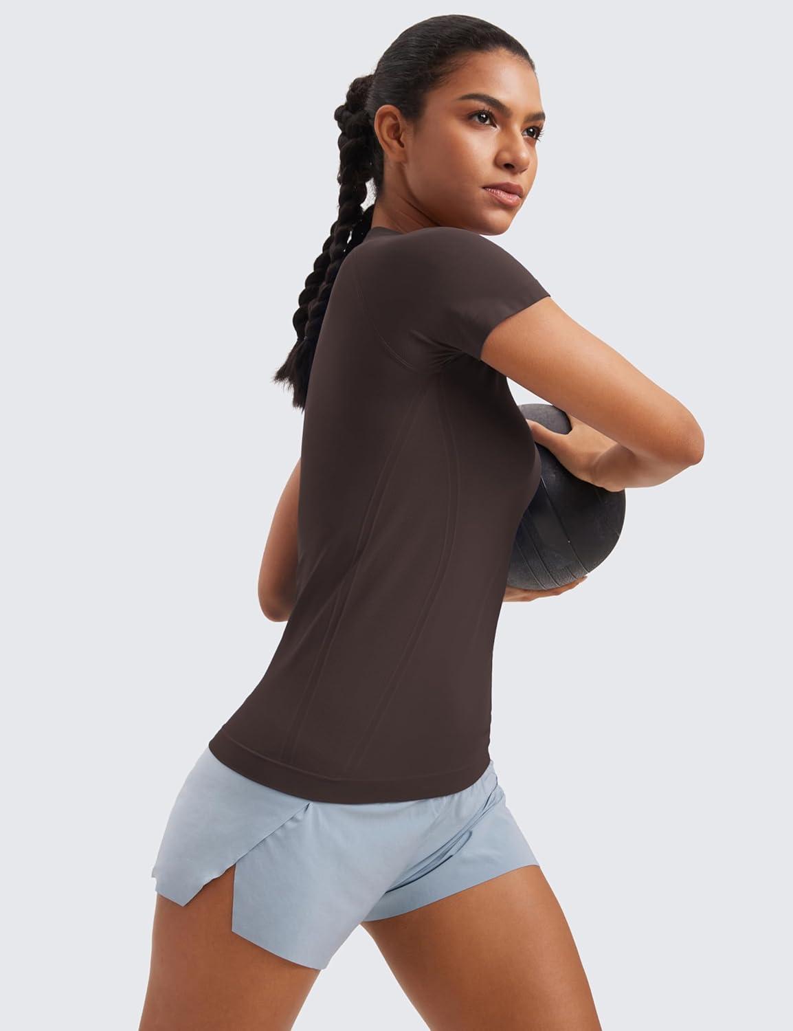 imageCRZ YOGA Seamless Workout Tops for Women Hip Length Athletic Running Gym Yoga Short Sleeve Shirts Breathable Crewneck TeesHot Fudge Brown