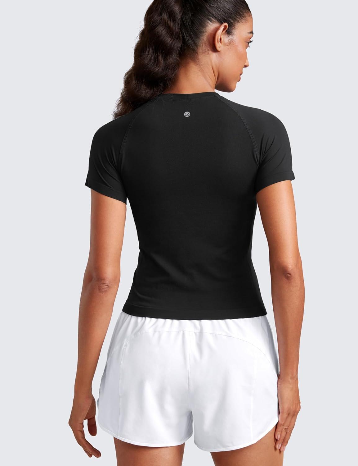 imageCRZ YOGA Seamless Workout Tops for Women Waist Running Gym Athletic Yoga Short Sleeve Shirts Breathable Basic CrewneckBlack