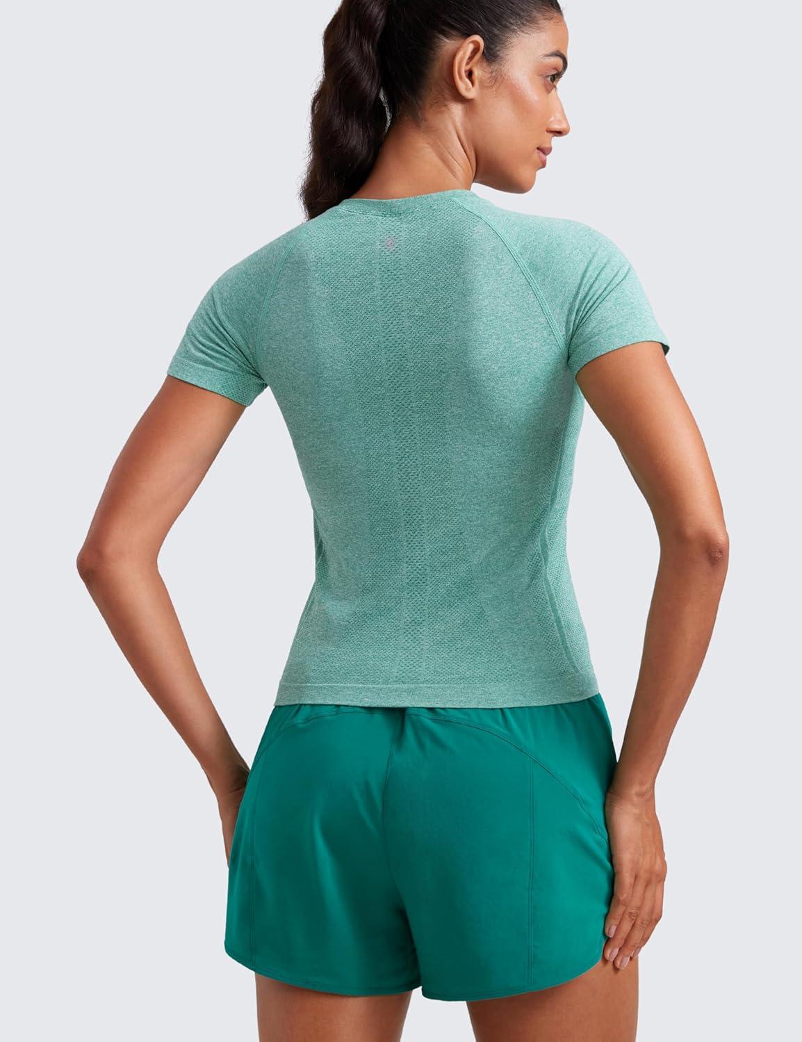 imageCRZ YOGA Seamless Workout Tops for Women Waist Running Gym Athletic Yoga Short Sleeve Shirts Breathable Basic CrewneckCascadia Green Heather