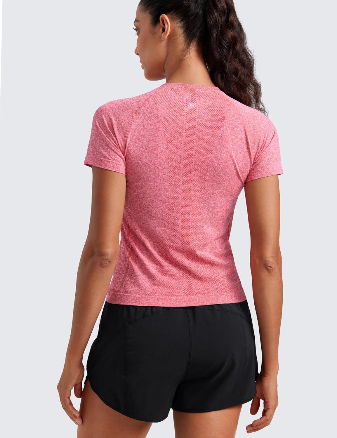 imageCRZ YOGA Seamless Workout Tops for Women Waist Running Gym Athletic Yoga Short Sleeve Shirts Breathable Basic CrewneckDeep Red Heather