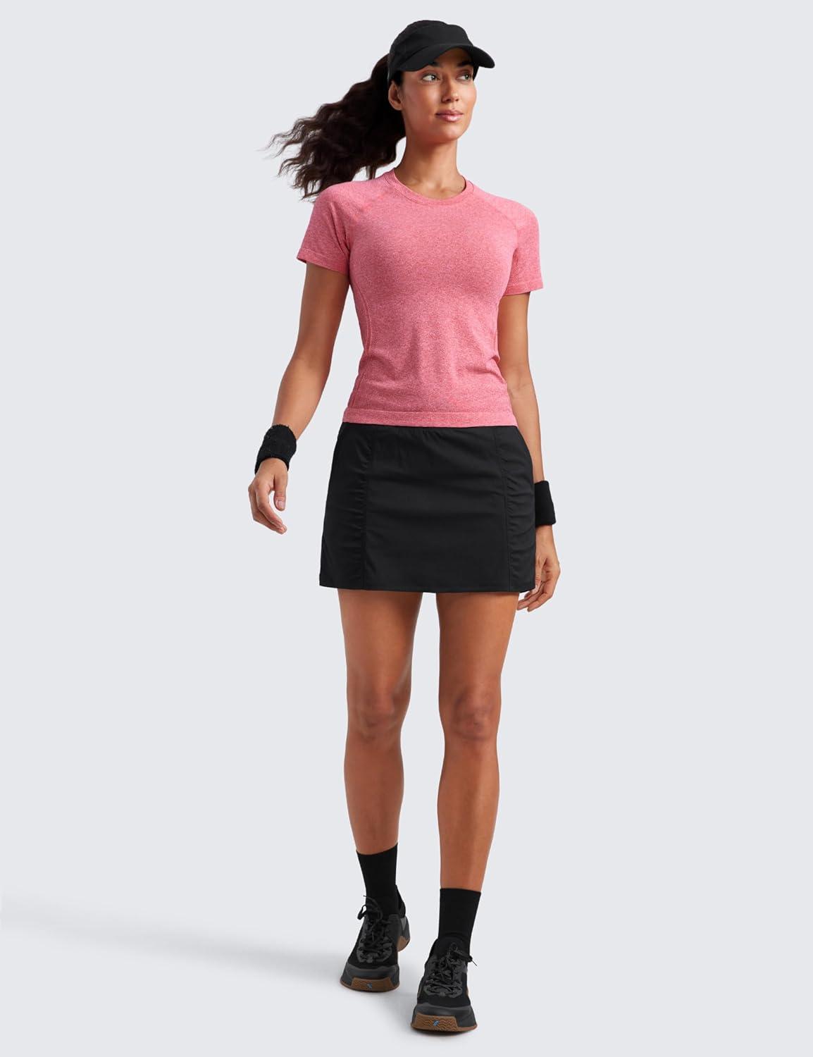 imageCRZ YOGA Seamless Workout Tops for Women Waist Running Gym Athletic Yoga Short Sleeve Shirts Breathable Basic CrewneckDeep Red Heather