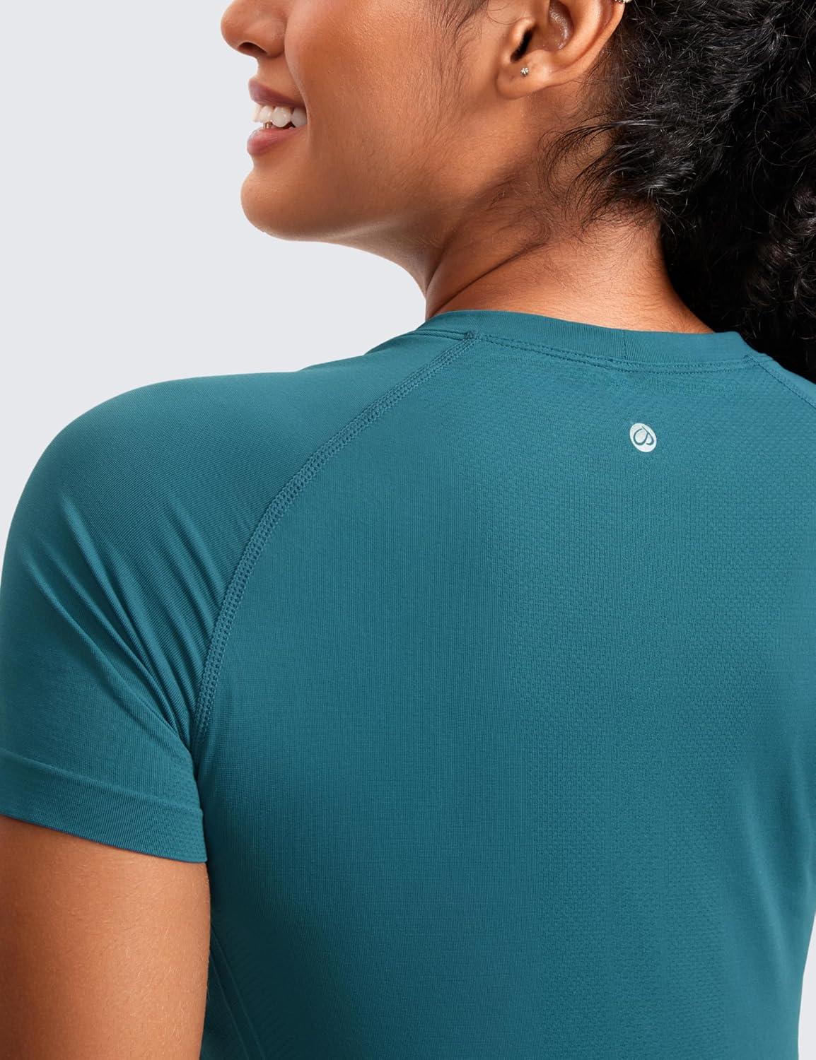 imageCRZ YOGA Seamless Workout Tops for Women Waist Running Gym Athletic Yoga Short Sleeve Shirts Breathable Basic CrewneckGreen Jade