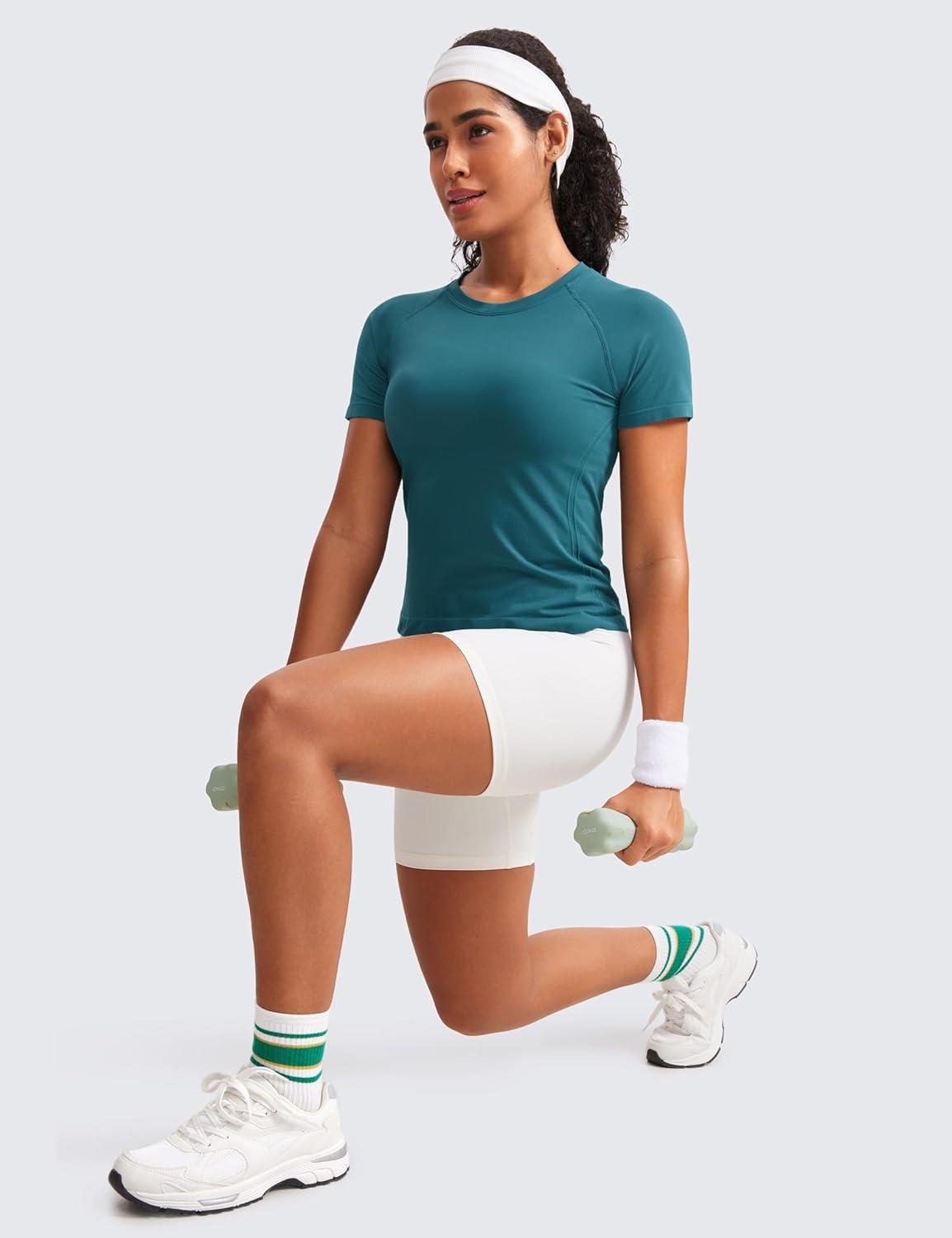 imageCRZ YOGA Seamless Workout Tops for Women Waist Running Gym Athletic Yoga Short Sleeve Shirts Breathable Basic CrewneckGreen Jade