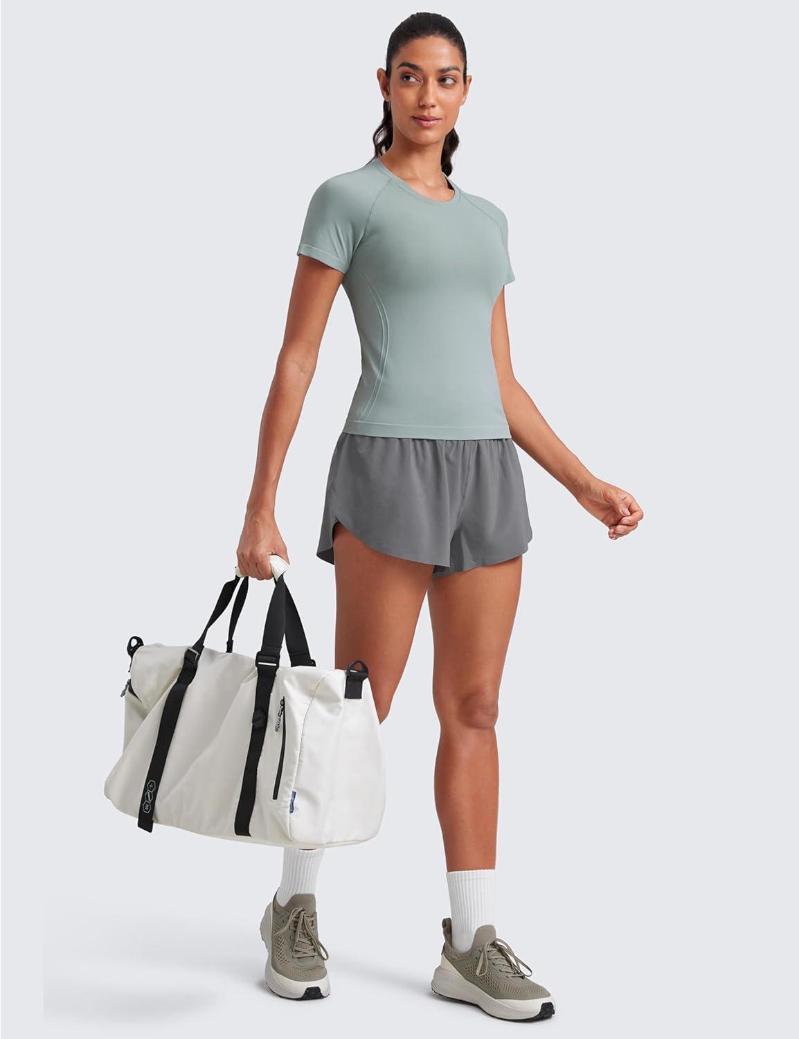 imageCRZ YOGA Seamless Workout Tops for Women Waist Running Gym Athletic Yoga Short Sleeve Shirts Breathable Basic CrewneckGreen Palm Court