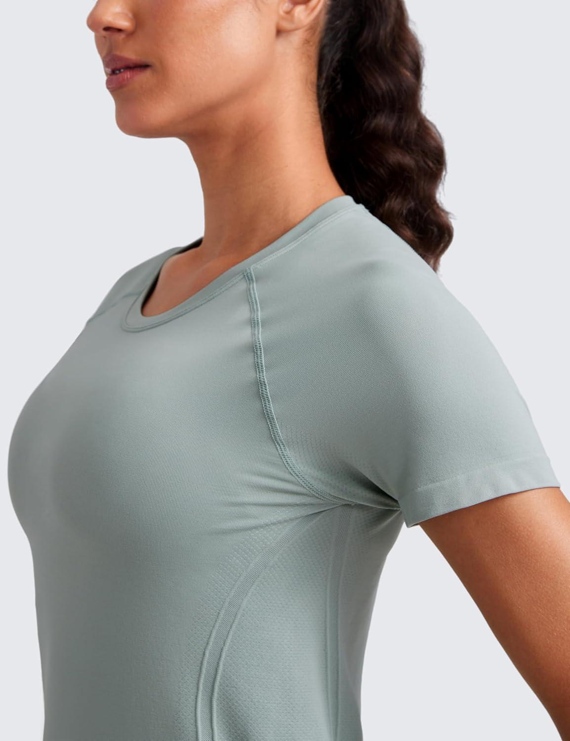 imageCRZ YOGA Seamless Workout Tops for Women Waist Running Gym Athletic Yoga Short Sleeve Shirts Breathable Basic CrewneckGreen Palm Court