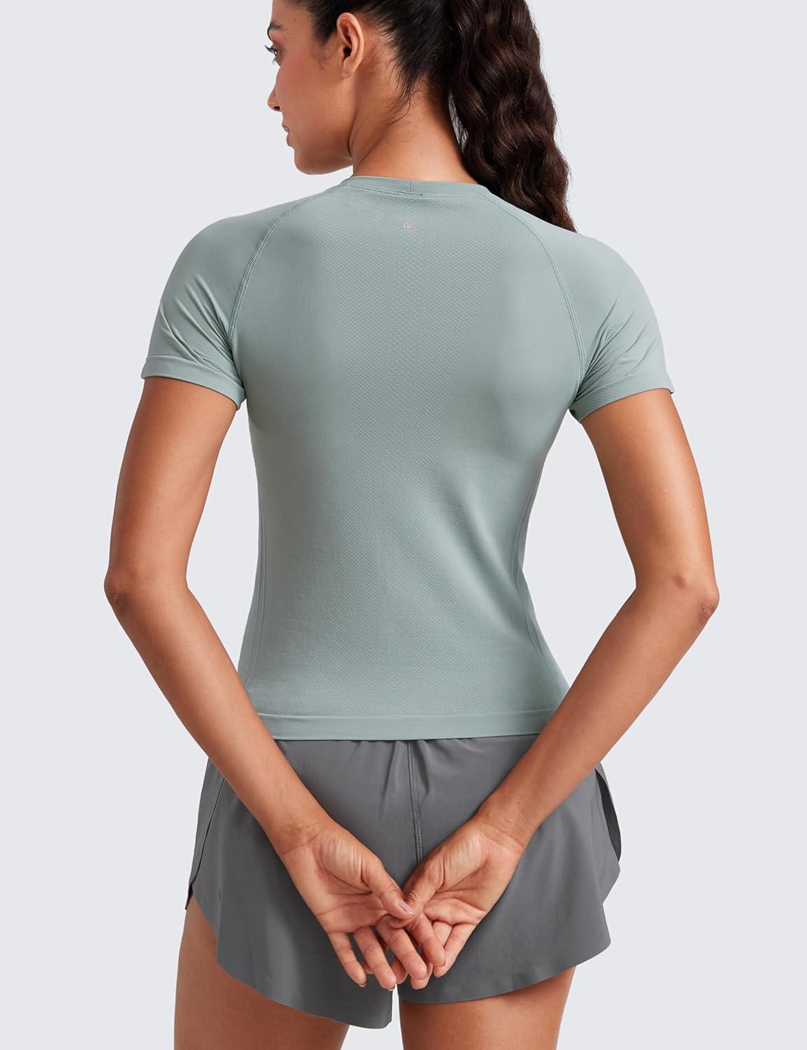 imageCRZ YOGA Seamless Workout Tops for Women Waist Running Gym Athletic Yoga Short Sleeve Shirts Breathable Basic CrewneckGreen Palm Court