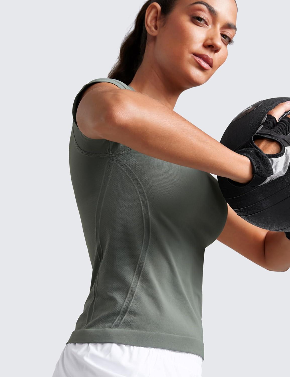 imageCRZ YOGA Seamless Workout Tops for Women Waist Running Gym Athletic Yoga Short Sleeve Shirts Breathable Basic CrewneckGrey Sage