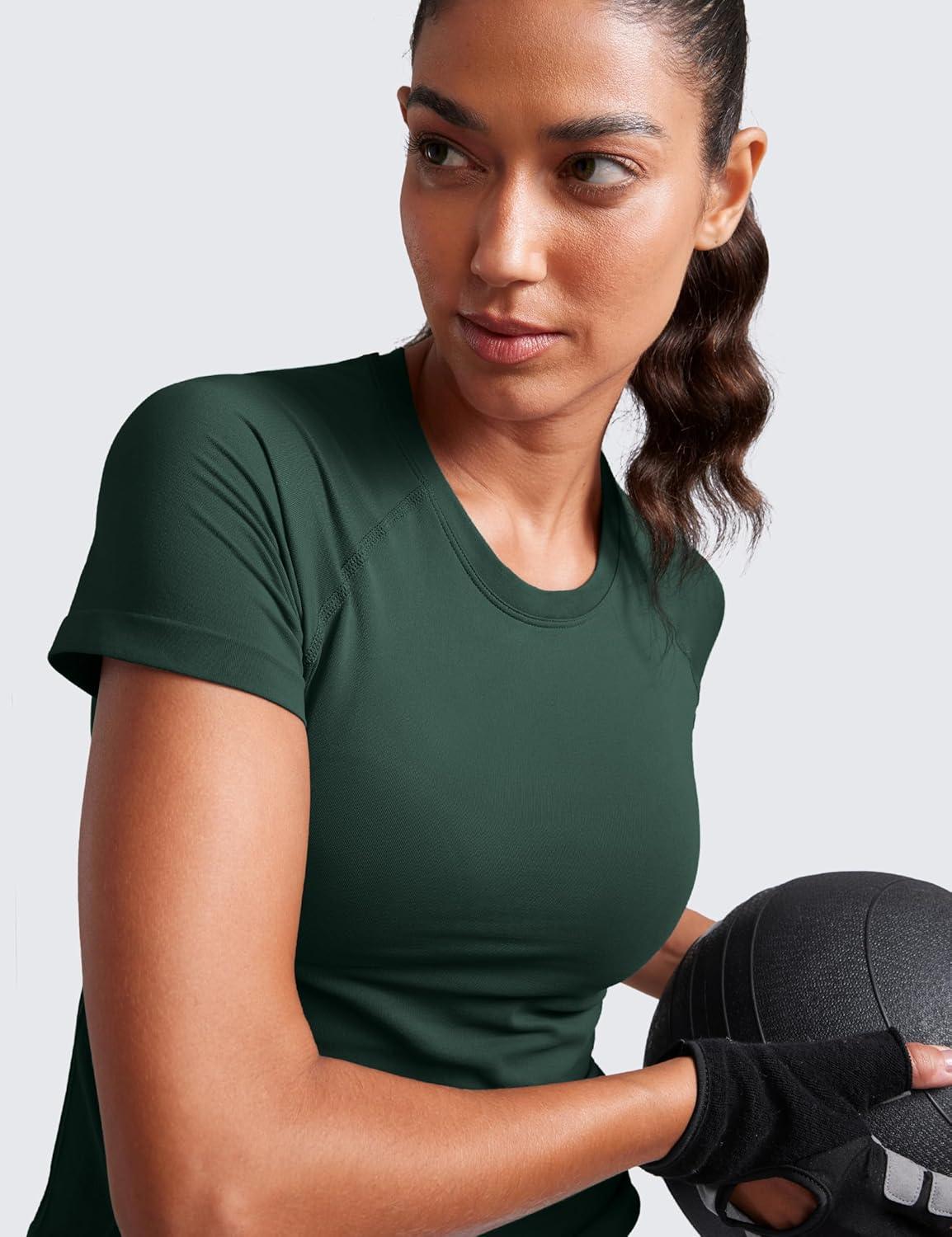 imageCRZ YOGA Seamless Workout Tops for Women Waist Running Gym Athletic Yoga Short Sleeve Shirts Breathable Basic CrewneckLegend Green
