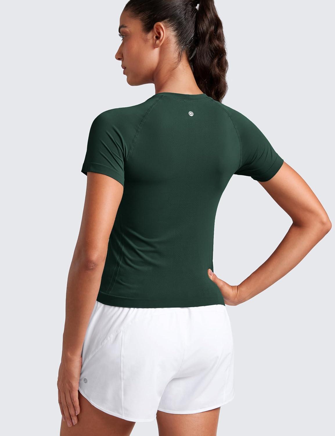 imageCRZ YOGA Seamless Workout Tops for Women Waist Running Gym Athletic Yoga Short Sleeve Shirts Breathable Basic CrewneckLegend Green
