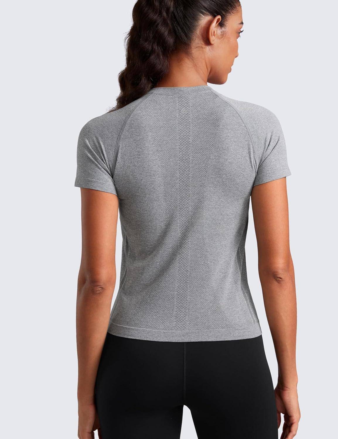 imageCRZ YOGA Seamless Workout Tops for Women Waist Running Gym Athletic Yoga Short Sleeve Shirts Breathable Basic CrewneckSlate Grey Marl