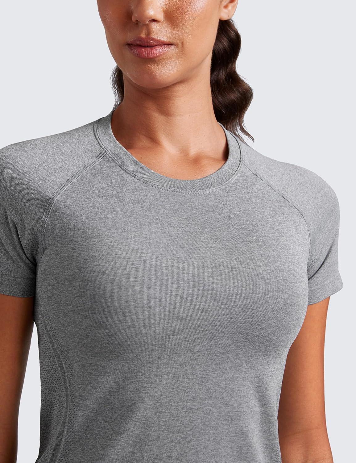 imageCRZ YOGA Seamless Workout Tops for Women Waist Running Gym Athletic Yoga Short Sleeve Shirts Breathable Basic CrewneckSlate Grey Marl