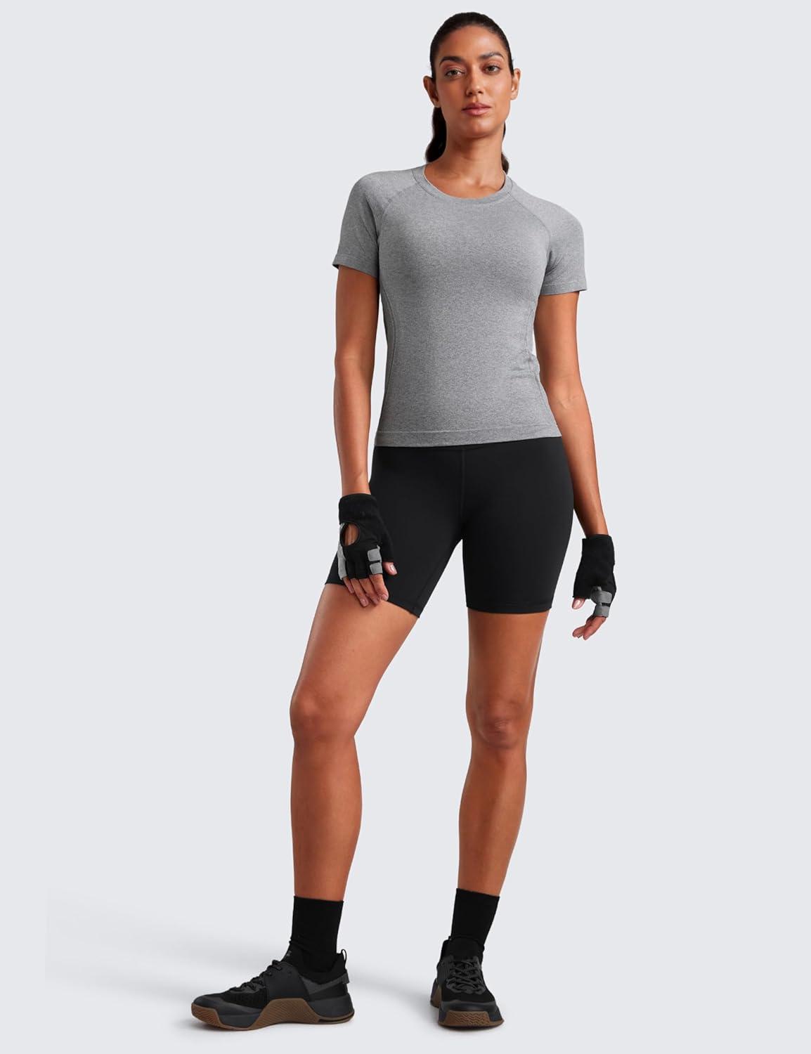 imageCRZ YOGA Seamless Workout Tops for Women Waist Running Gym Athletic Yoga Short Sleeve Shirts Breathable Basic CrewneckSlate Grey Marl