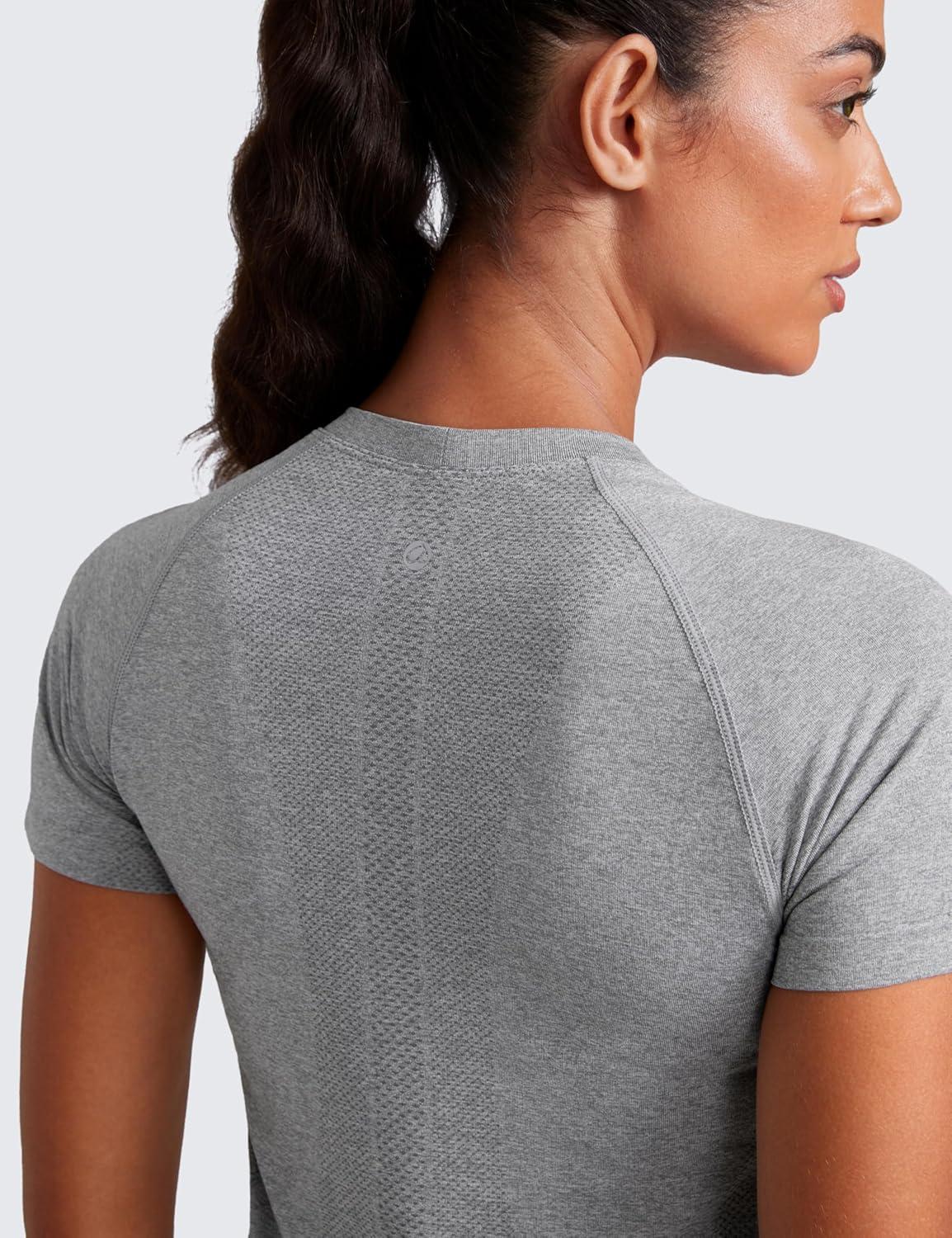 imageCRZ YOGA Seamless Workout Tops for Women Waist Running Gym Athletic Yoga Short Sleeve Shirts Breathable Basic CrewneckSlate Grey Marl