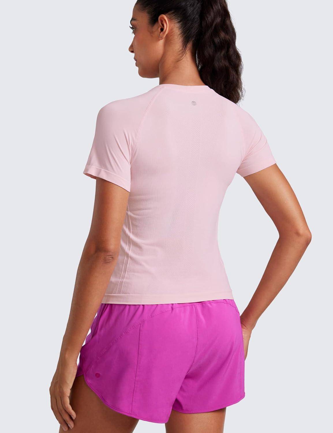 imageCRZ YOGA Seamless Workout Tops for Women Waist Running Gym Athletic Yoga Short Sleeve Shirts Breathable Basic CrewneckStrawberry Pink