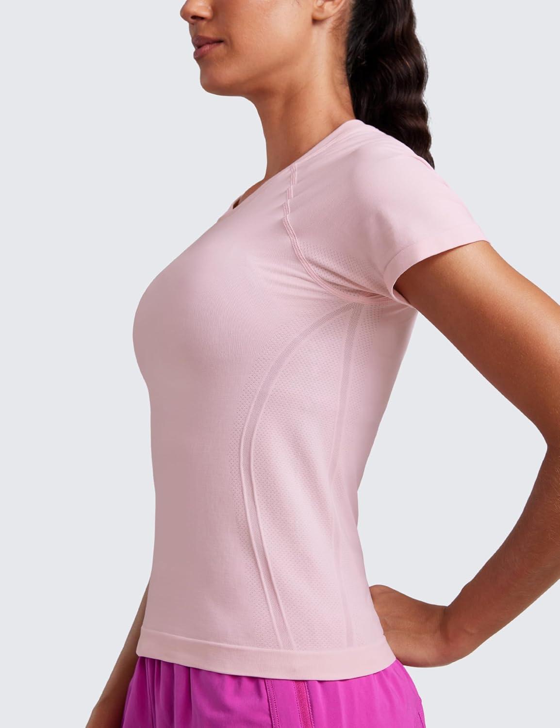 imageCRZ YOGA Seamless Workout Tops for Women Waist Running Gym Athletic Yoga Short Sleeve Shirts Breathable Basic CrewneckStrawberry Pink