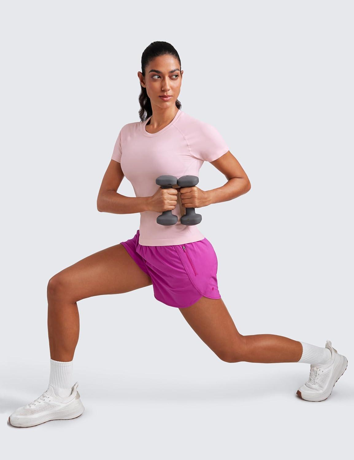 imageCRZ YOGA Seamless Workout Tops for Women Waist Running Gym Athletic Yoga Short Sleeve Shirts Breathable Basic CrewneckStrawberry Pink