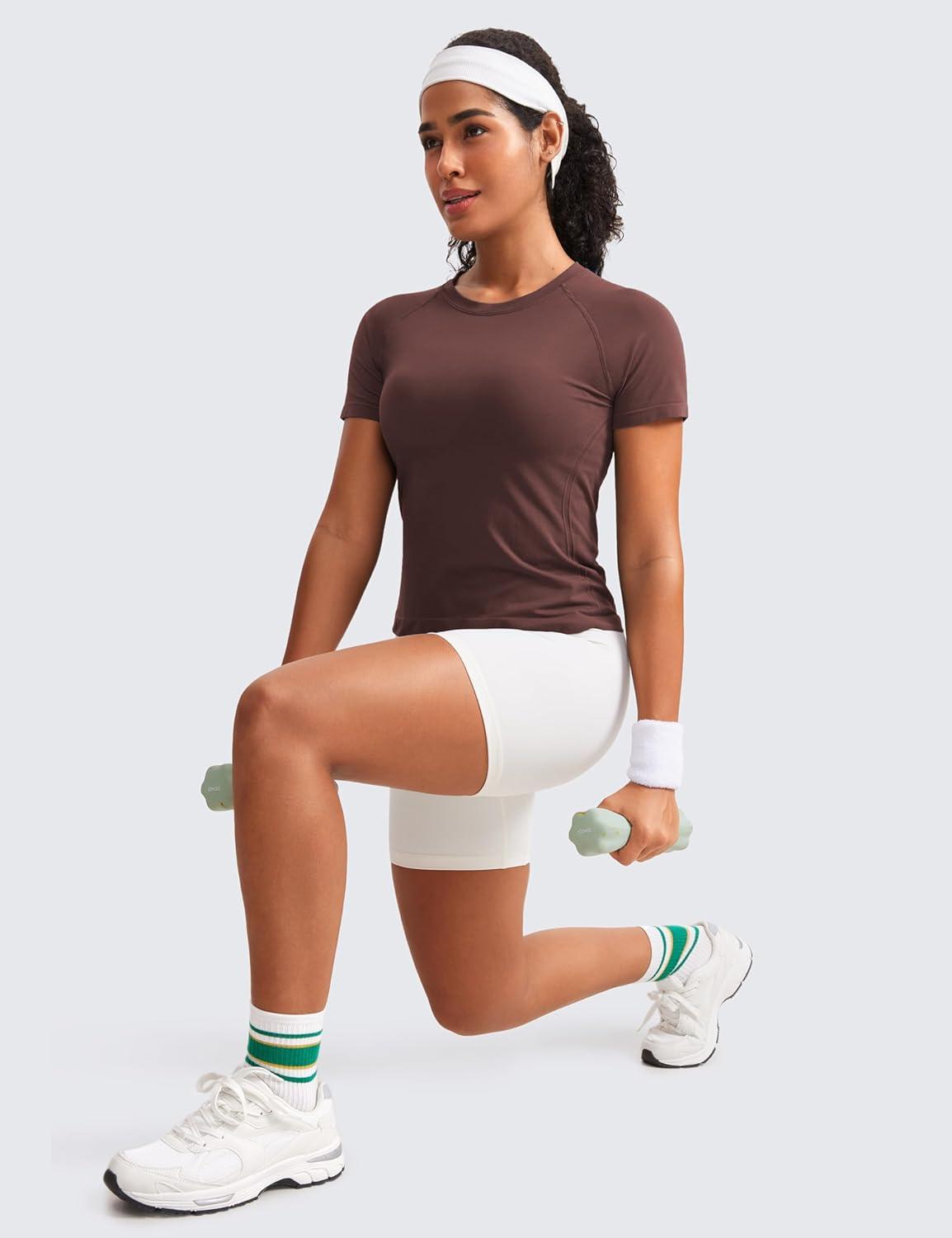 imageCRZ YOGA Seamless Workout Tops for Women Waist Running Gym Athletic Yoga Short Sleeve Shirts Breathable Basic CrewneckTaupe