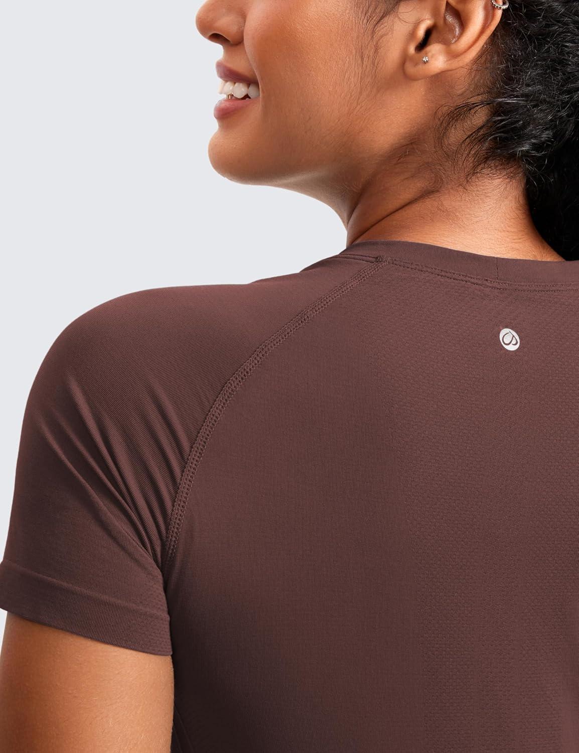 imageCRZ YOGA Seamless Workout Tops for Women Waist Running Gym Athletic Yoga Short Sleeve Shirts Breathable Basic CrewneckTaupe