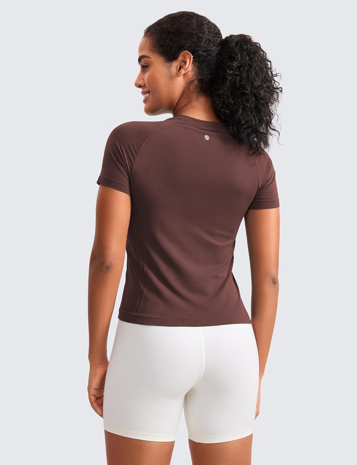imageCRZ YOGA Seamless Workout Tops for Women Waist Running Gym Athletic Yoga Short Sleeve Shirts Breathable Basic CrewneckTaupe