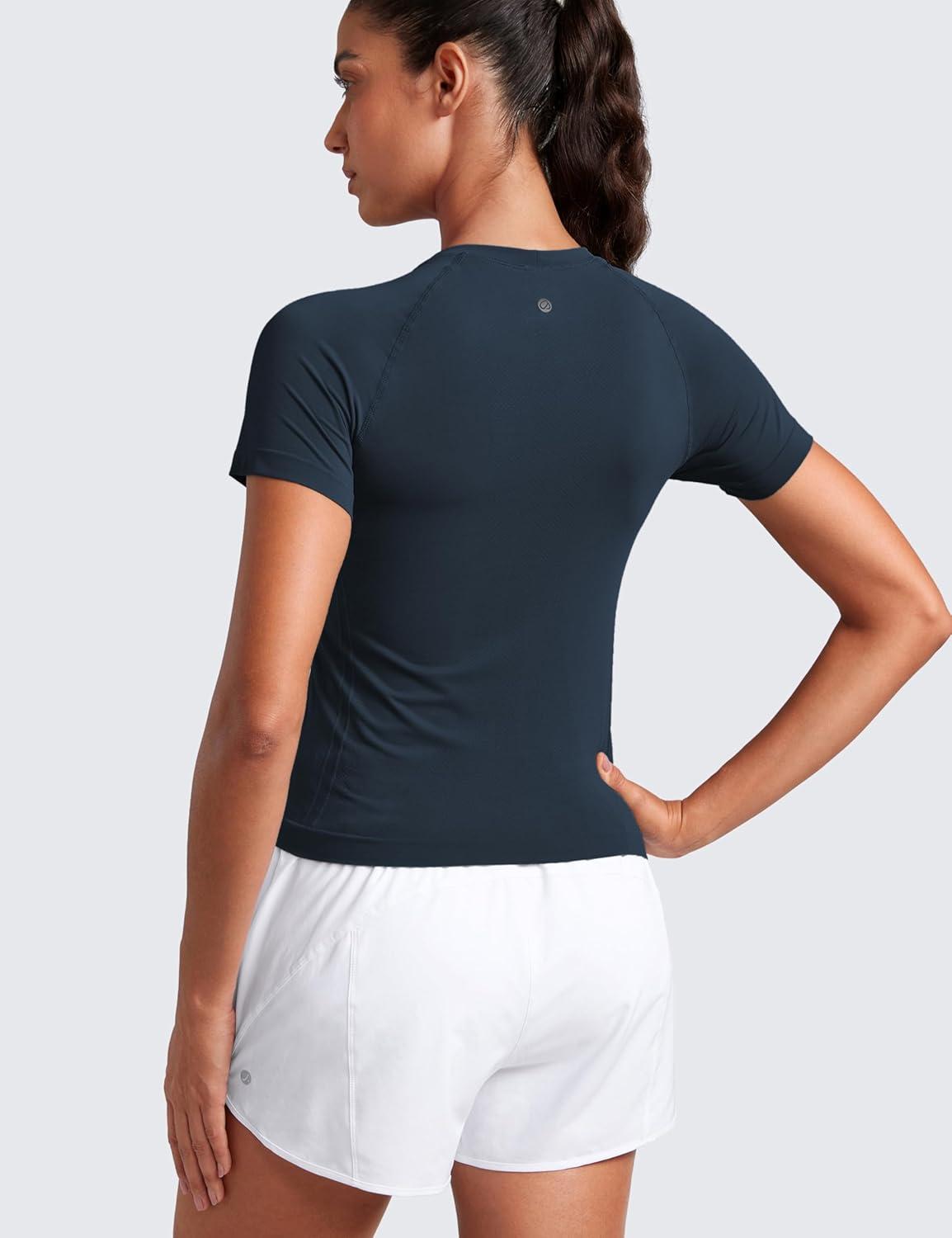 imageCRZ YOGA Seamless Workout Tops for Women Waist Running Gym Athletic Yoga Short Sleeve Shirts Breathable Basic CrewneckTwilight Blue