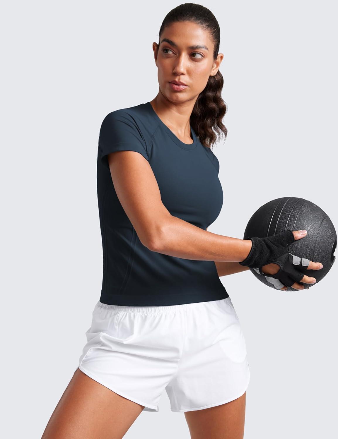 imageCRZ YOGA Seamless Workout Tops for Women Waist Running Gym Athletic Yoga Short Sleeve Shirts Breathable Basic CrewneckTwilight Blue