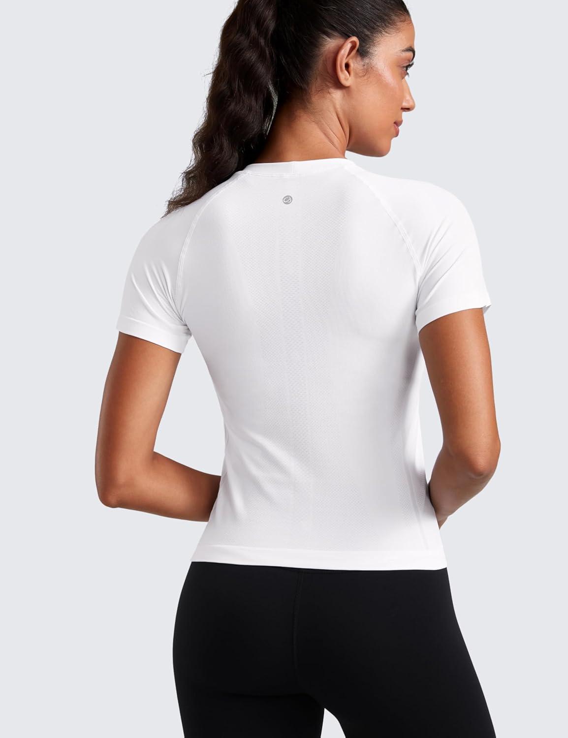 imageCRZ YOGA Seamless Workout Tops for Women Waist Running Gym Athletic Yoga Short Sleeve Shirts Breathable Basic CrewneckWhite