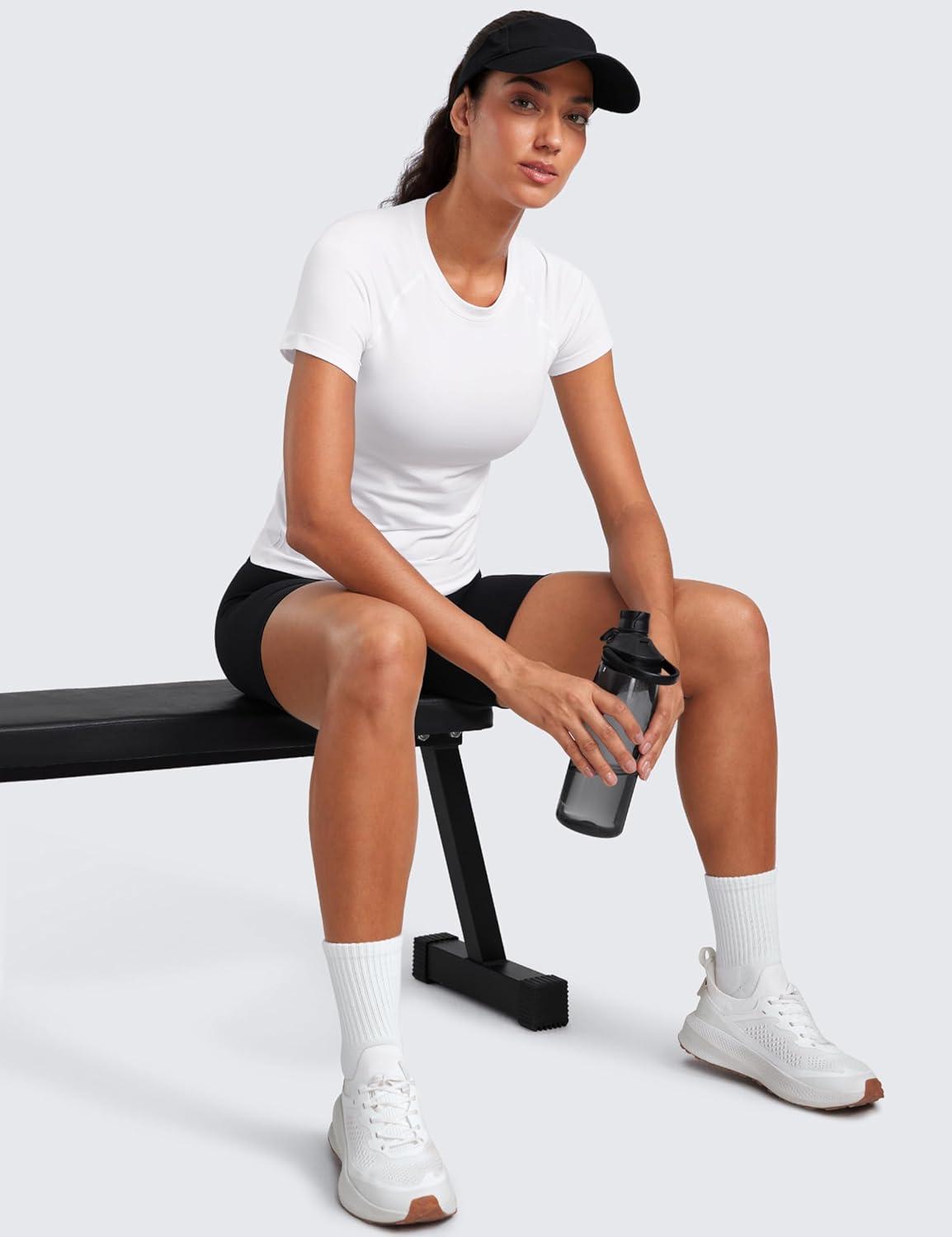 imageCRZ YOGA Seamless Workout Tops for Women Waist Running Gym Athletic Yoga Short Sleeve Shirts Breathable Basic CrewneckWhite