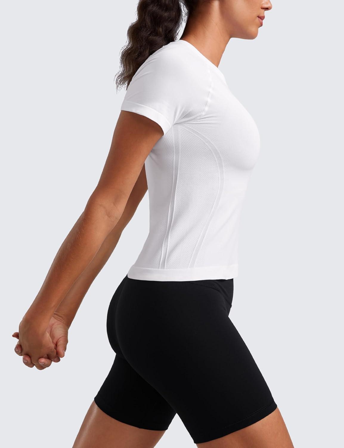 imageCRZ YOGA Seamless Workout Tops for Women Waist Running Gym Athletic Yoga Short Sleeve Shirts Breathable Basic CrewneckWhite