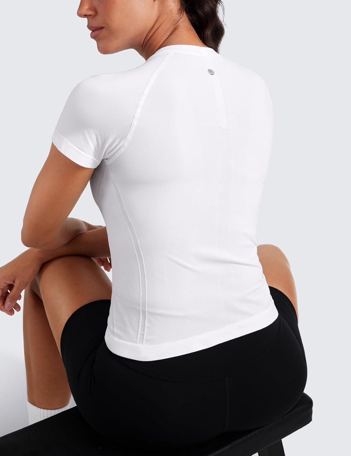imageCRZ YOGA Seamless Workout Tops for Women Waist Running Gym Athletic Yoga Short Sleeve Shirts Breathable Basic CrewneckWhite