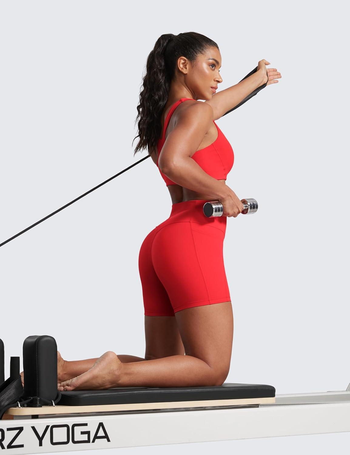 imageCRZ YOGA Secretsculpt Butterlift Biker Shorts Pockets 5 No Front Seam Womens High Waist Workout Booty Scrunch ButtDeep Red