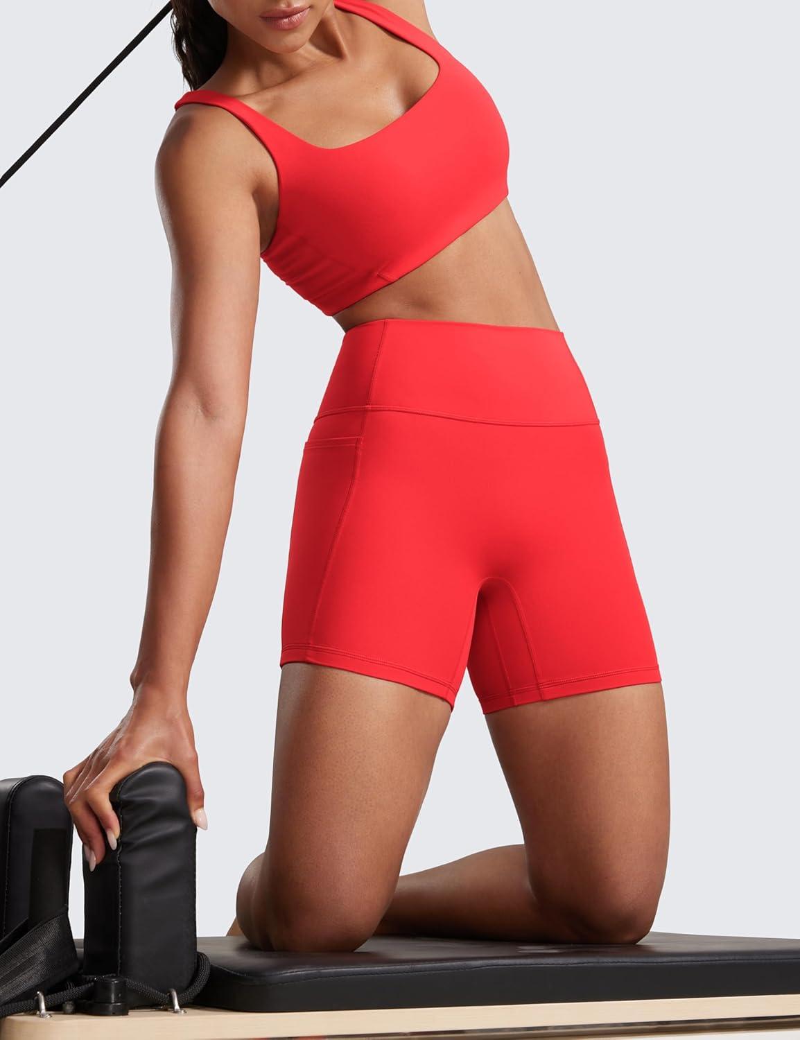 imageCRZ YOGA Secretsculpt Butterlift Biker Shorts Pockets 5 No Front Seam Womens High Waist Workout Booty Scrunch ButtDeep Red