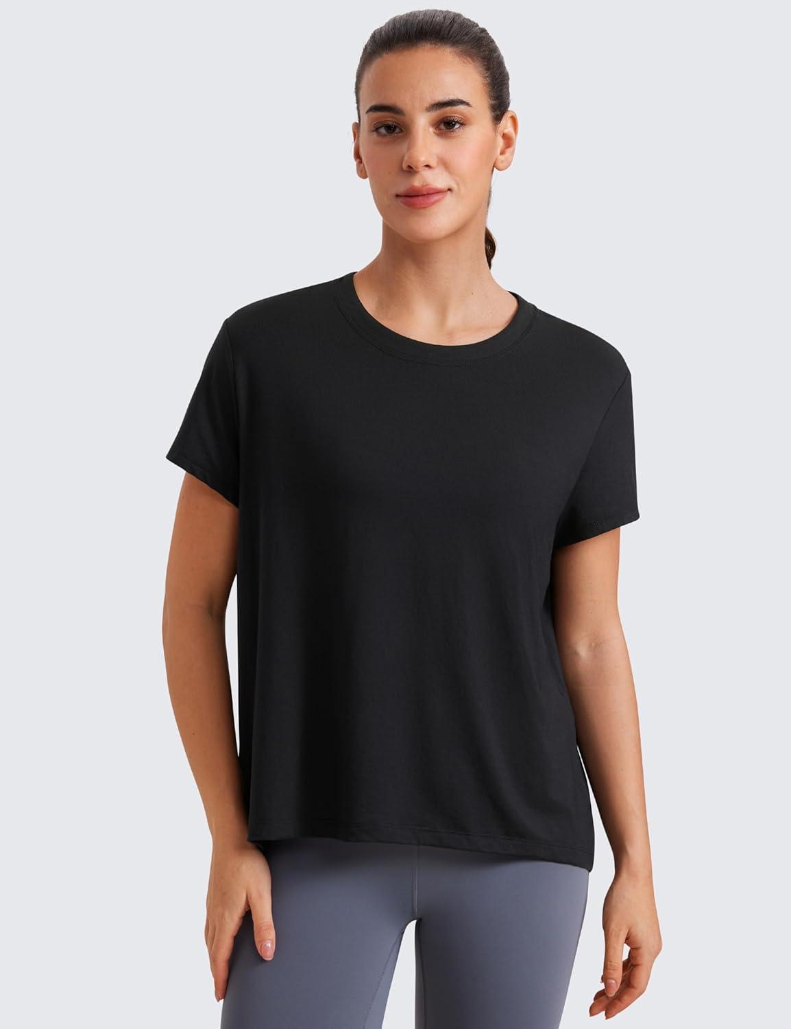 imageCRZ YOGA Short Sleeve Yoga Tops for Women Soft Loose Casual Flowy Shirts Crew Neck Workout Basic TShirtBlack