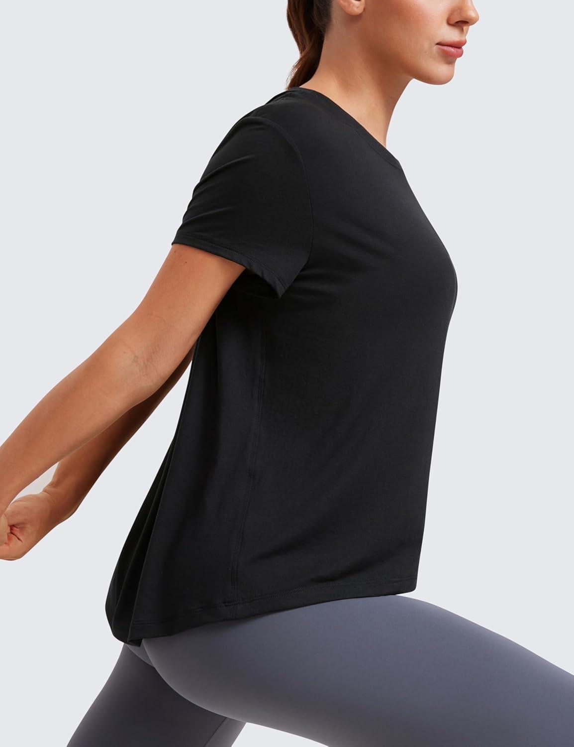 imageCRZ YOGA Short Sleeve Yoga Tops for Women Soft Loose Casual Flowy Shirts Crew Neck Workout Basic TShirtBlack
