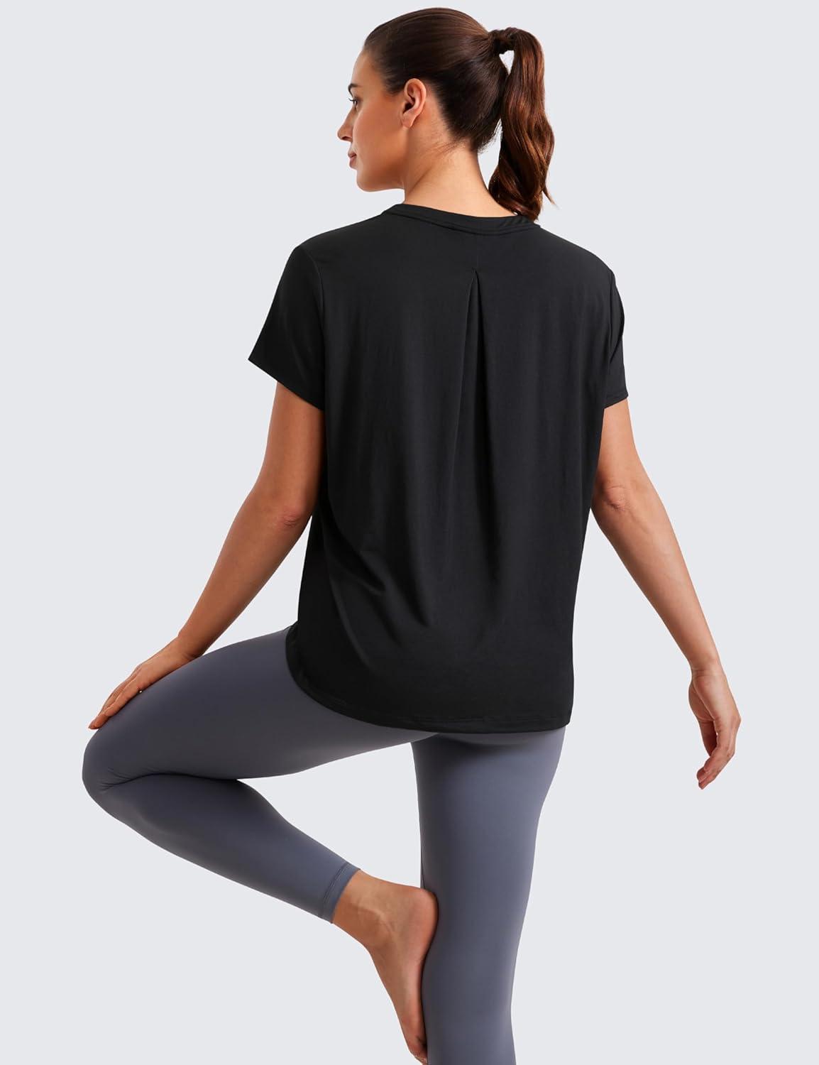 imageCRZ YOGA Short Sleeve Yoga Tops for Women Soft Loose Casual Flowy Shirts Crew Neck Workout Basic TShirtBlack
