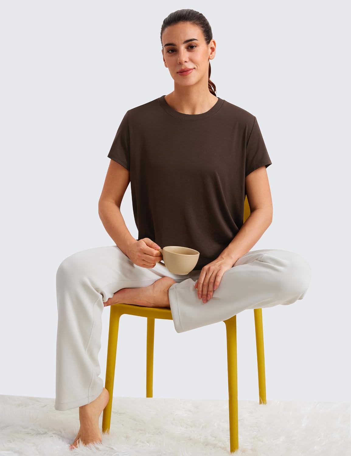 imageCRZ YOGA Short Sleeve Yoga Tops for Women Soft Loose Casual Flowy Shirts Crew Neck Workout Basic TShirtHot Fudge Brown