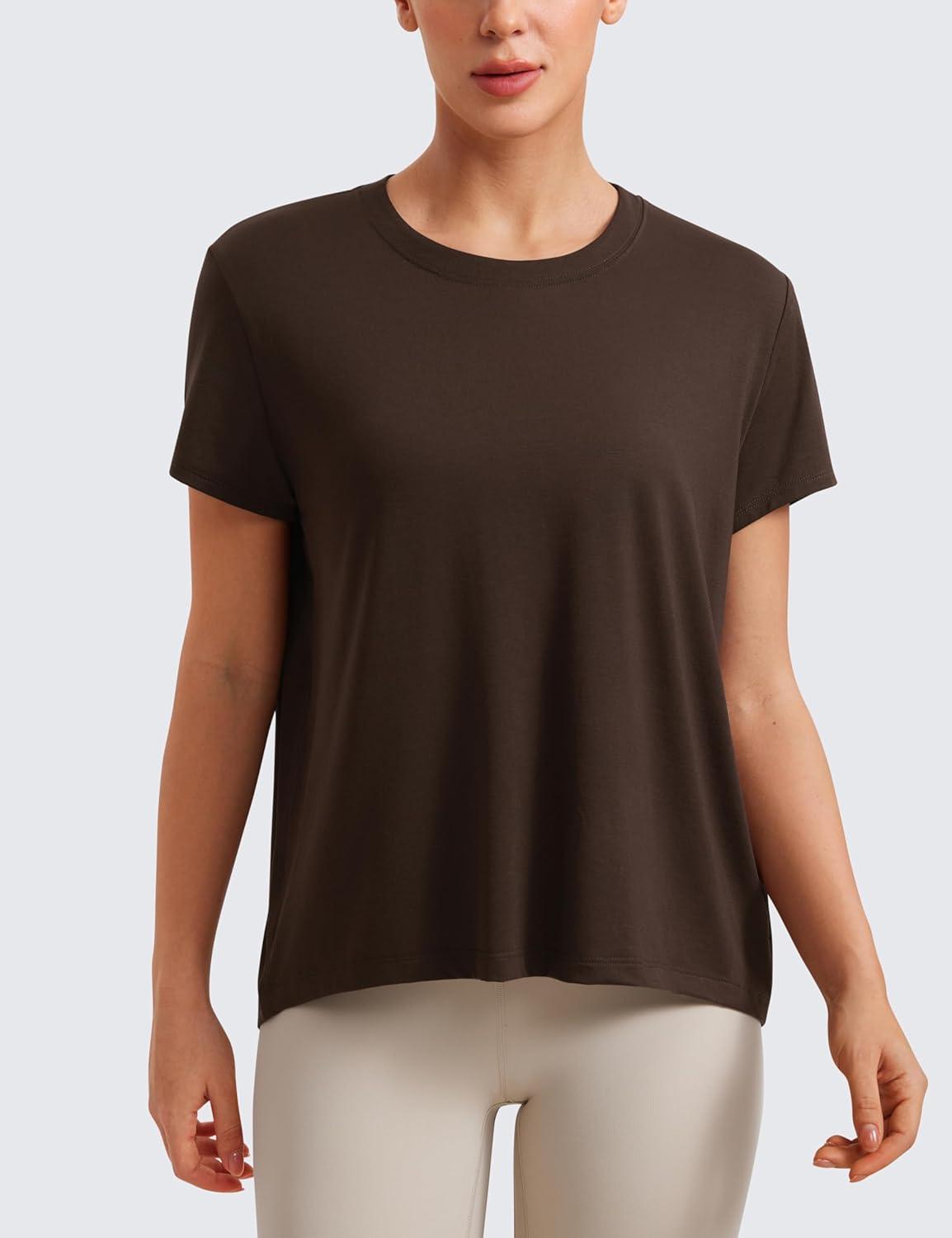 imageCRZ YOGA Short Sleeve Yoga Tops for Women Soft Loose Casual Flowy Shirts Crew Neck Workout Basic TShirtHot Fudge Brown