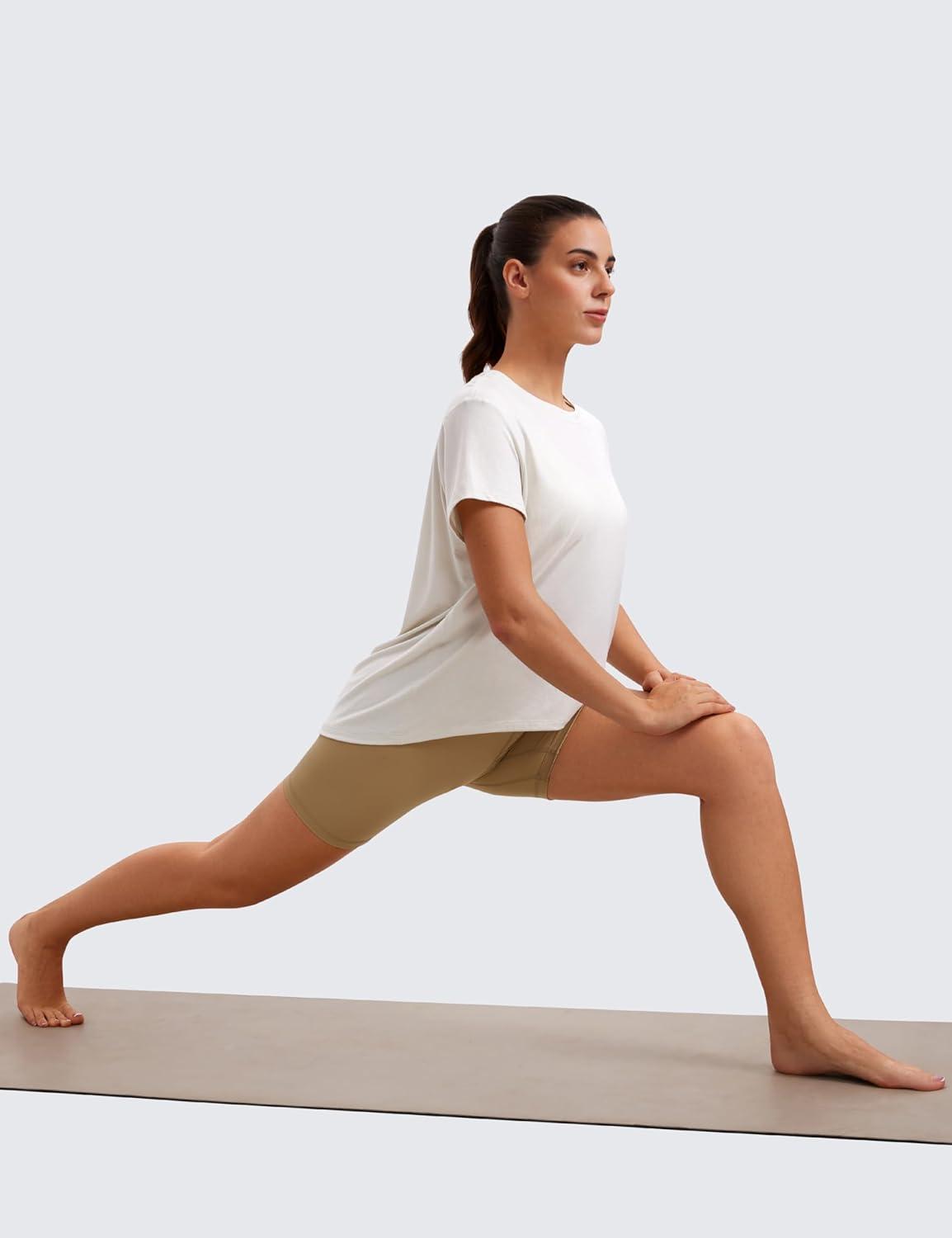 imageCRZ YOGA Short Sleeve Yoga Tops for Women Soft Loose Casual Flowy Shirts Crew Neck Workout Basic TShirtMilky White Bone