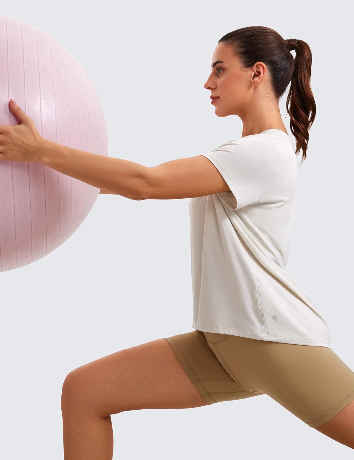 imageCRZ YOGA Short Sleeve Yoga Tops for Women Soft Loose Casual Flowy Shirts Crew Neck Workout Basic TShirtMilky White Bone