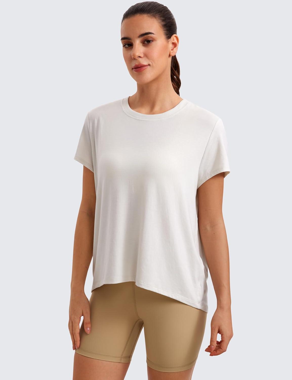 imageCRZ YOGA Short Sleeve Yoga Tops for Women Soft Loose Casual Flowy Shirts Crew Neck Workout Basic TShirtMilky White Bone