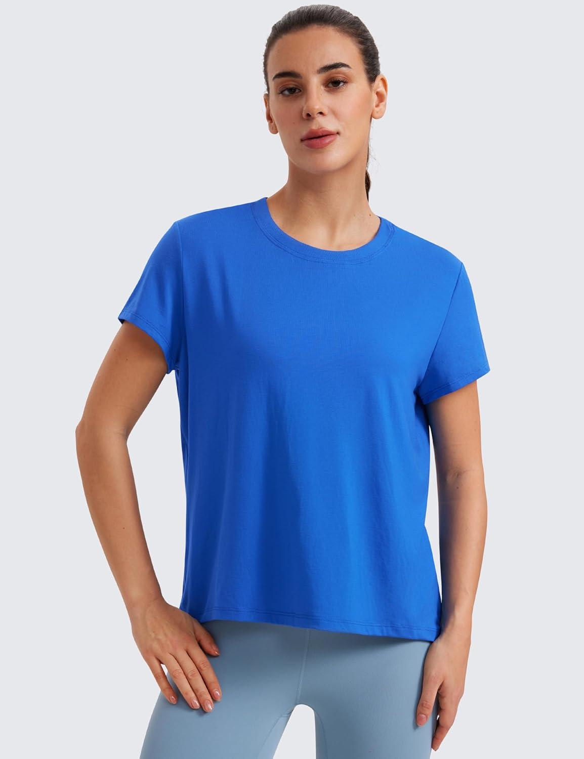 imageCRZ YOGA Short Sleeve Yoga Tops for Women Soft Loose Casual Flowy Shirts Crew Neck Workout Basic TShirtSparkle Blue