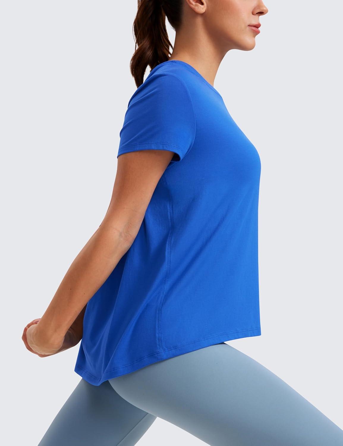 imageCRZ YOGA Short Sleeve Yoga Tops for Women Soft Loose Casual Flowy Shirts Crew Neck Workout Basic TShirtSparkle Blue
