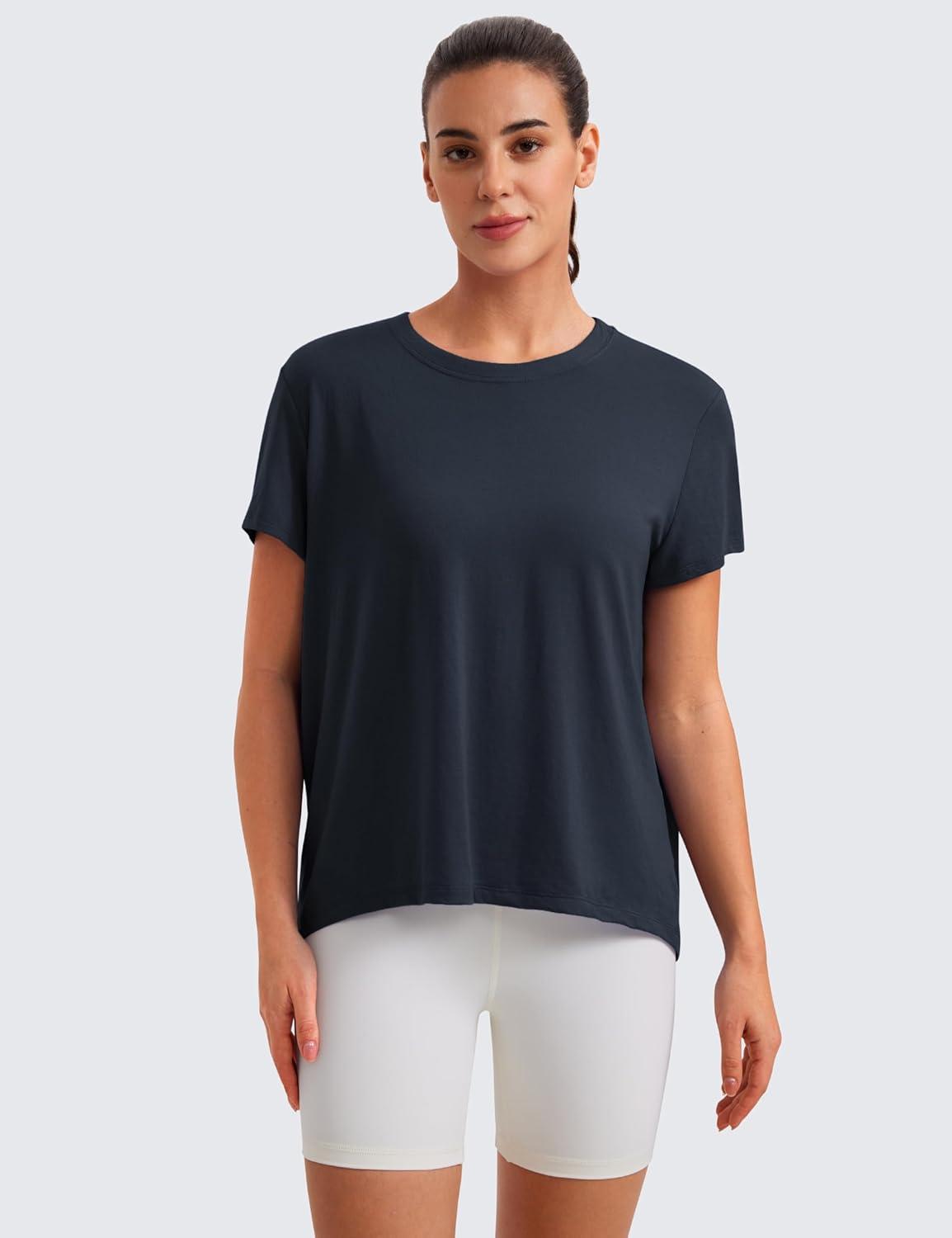 imageCRZ YOGA Short Sleeve Yoga Tops for Women Soft Loose Casual Flowy Shirts Crew Neck Workout Basic TShirtTrue Navy