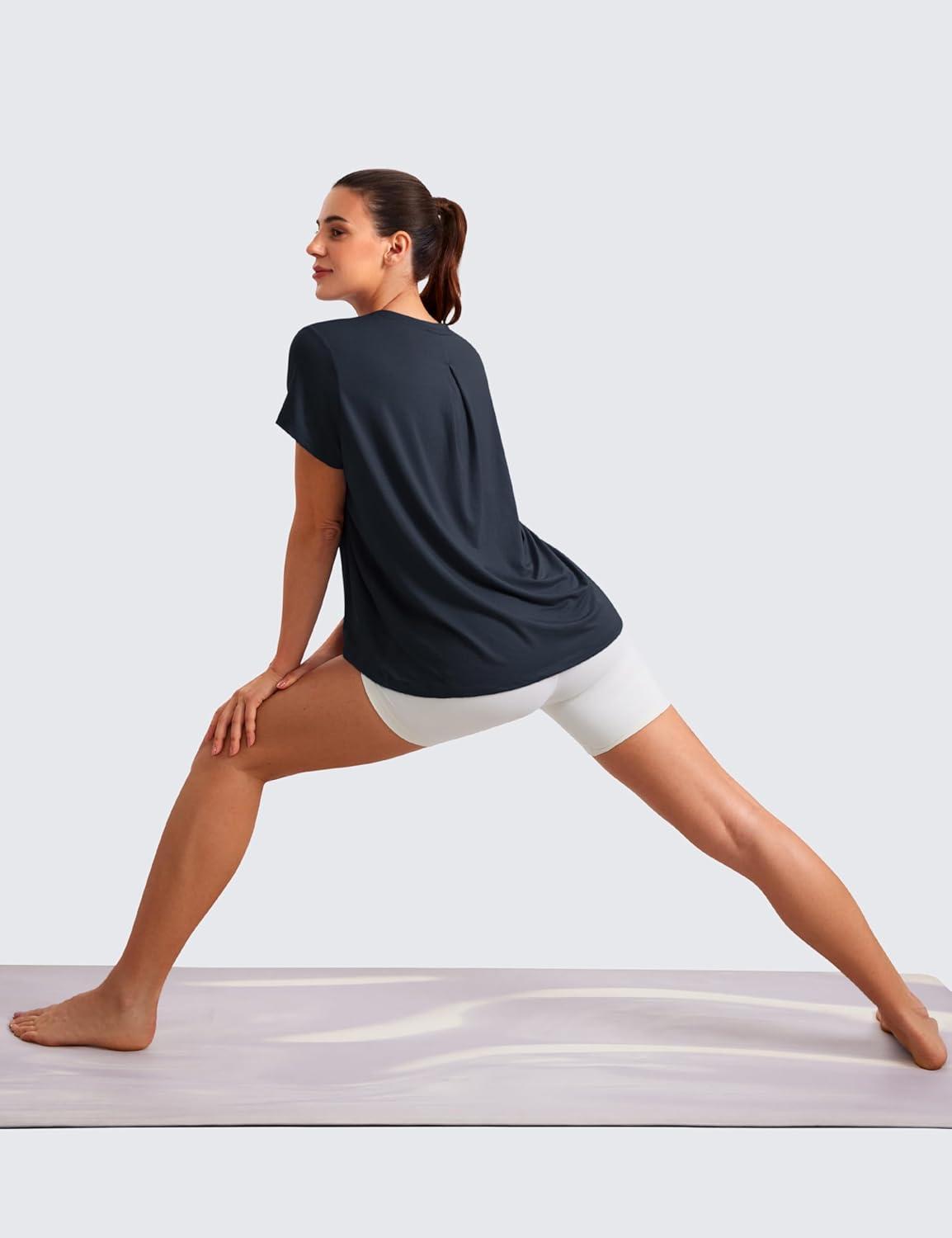 imageCRZ YOGA Short Sleeve Yoga Tops for Women Soft Loose Casual Flowy Shirts Crew Neck Workout Basic TShirtTrue Navy