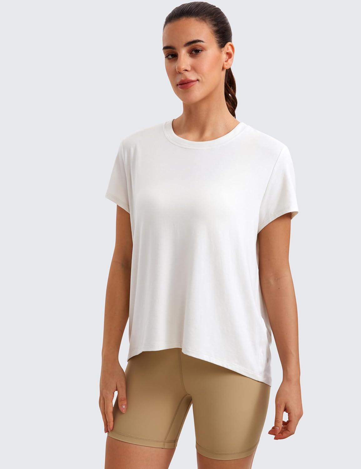 imageCRZ YOGA Short Sleeve Yoga Tops for Women Soft Loose Casual Flowy Shirts Crew Neck Workout Basic TShirtWhite