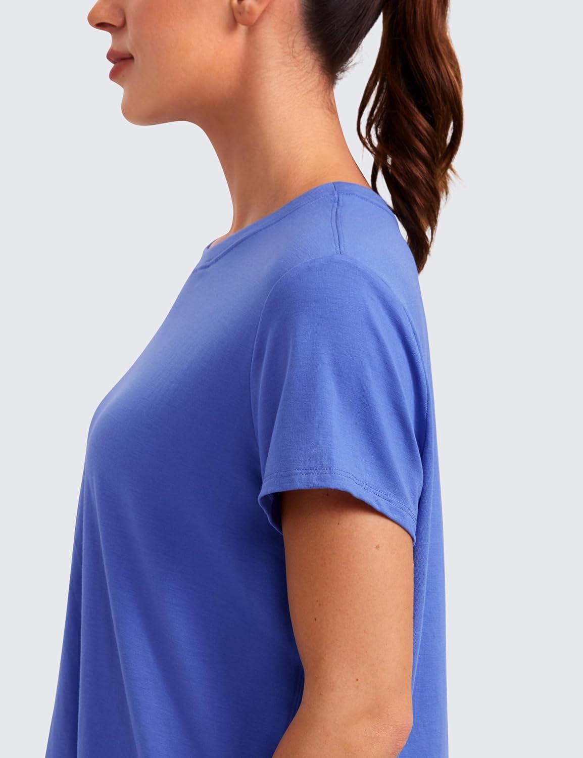 imageCRZ YOGA Short Sleeve Yoga Tops for Women Soft Loose Casual Flowy Shirts Crew Neck Workout Basic TShirtWild Indigo