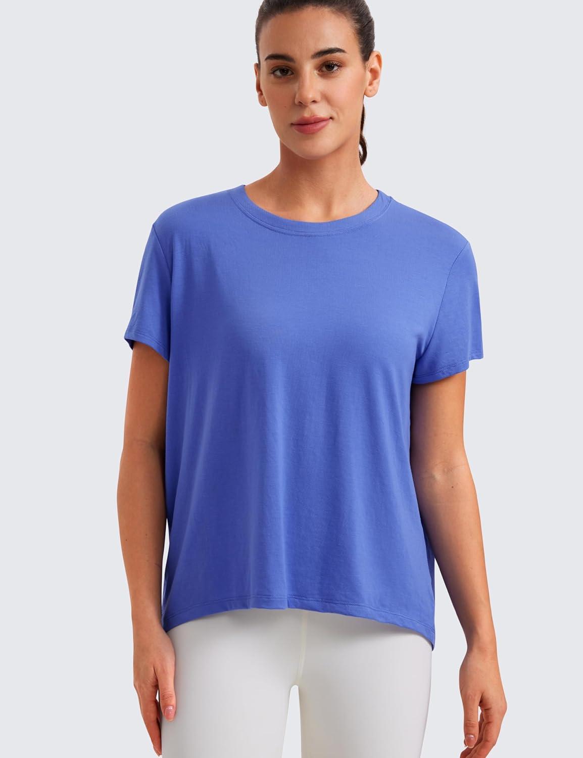 imageCRZ YOGA Short Sleeve Yoga Tops for Women Soft Loose Casual Flowy Shirts Crew Neck Workout Basic TShirtWild Indigo