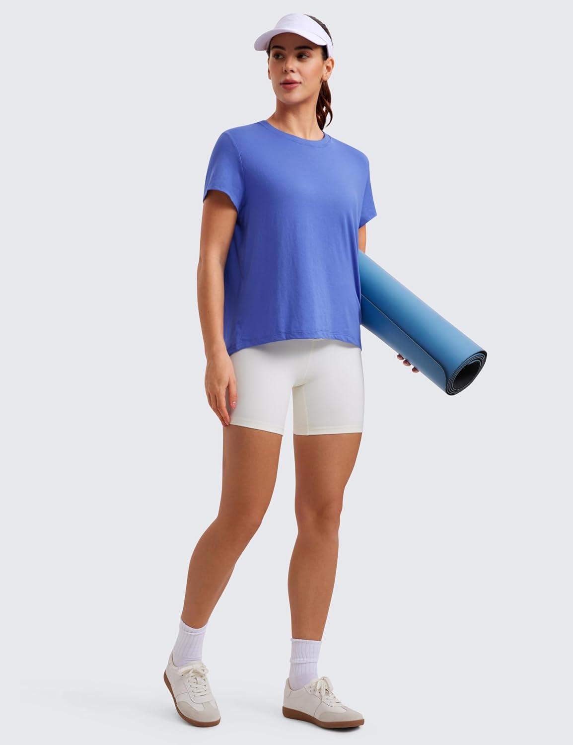 imageCRZ YOGA Short Sleeve Yoga Tops for Women Soft Loose Casual Flowy Shirts Crew Neck Workout Basic TShirtWild Indigo